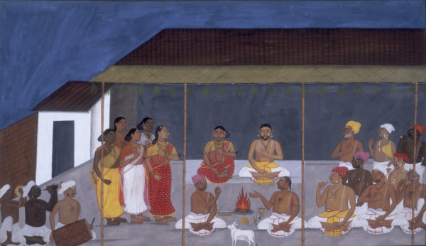 One of the ceremonies undertaken during the life of a Brahmin, 1820. A group of people sit
