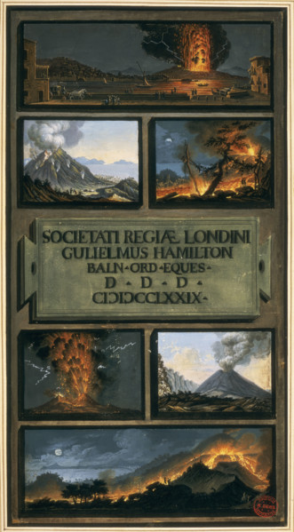 Volcanic eruptions, 1779. Pictures of different locations of volcanic eruption, showing lava and