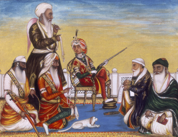 The durbar of December 1845; the Maharaja Dalip Singh is seated on a chair holding a gun, a pet lap