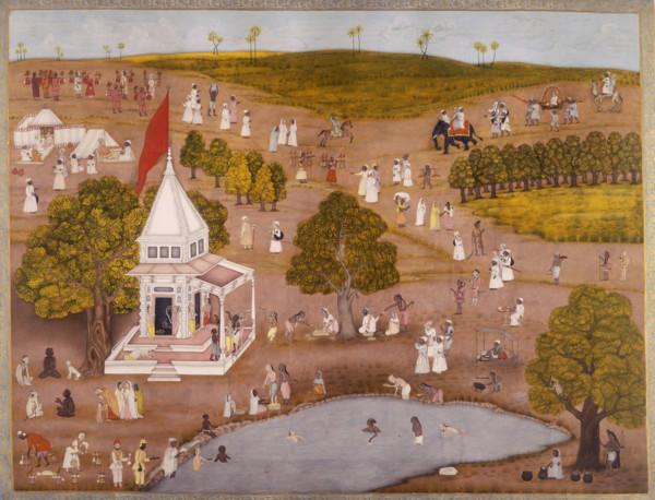Indian landscape with people swimming near a temple, c1760. In the foreground people wash in the