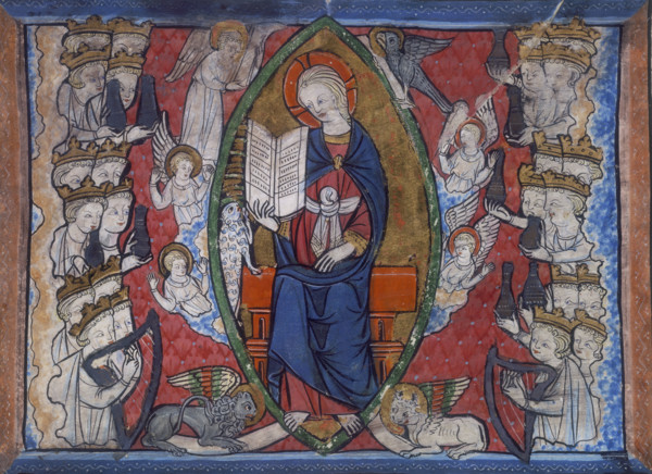 A seated woman surrounded by angels, 14th century. Either side crowned heads present her with