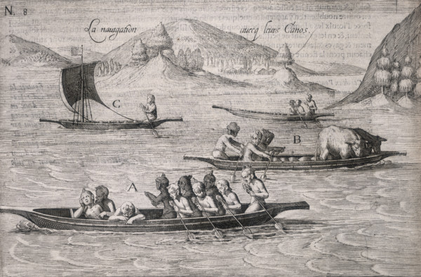 People paddling a canoe, 1605. Indigenous people and animals on a lake or bay surrounded by hills.