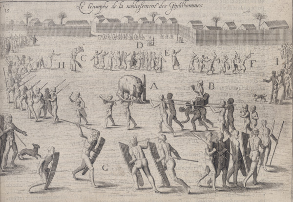 People in a procession around a tethered bull, 1605. 'Le triumphe de la noblissement des