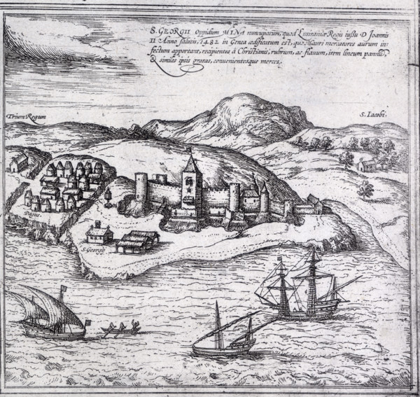 Map of Mina (or Myna), West Africa, 1572. A walled town and surrounding villages, with ships off