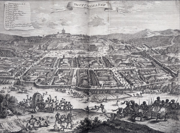 The city of Loango, Africa, 1745. 'A. Kings Palace; B. Womens Palace; C. Cryers Steeple; D. Royal