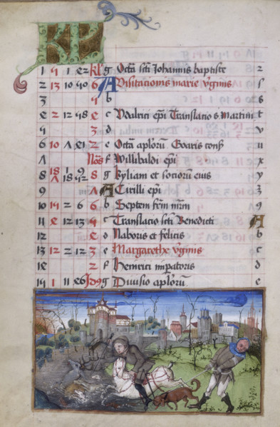 Stag hunting with horse and hounds, c1500-c1510. A man on a white horse in he act of killing a stag