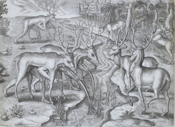 Indians using deer skins to hunt deer, 1591. Plate XXV from "America. Part II.- Latin" by Theodore