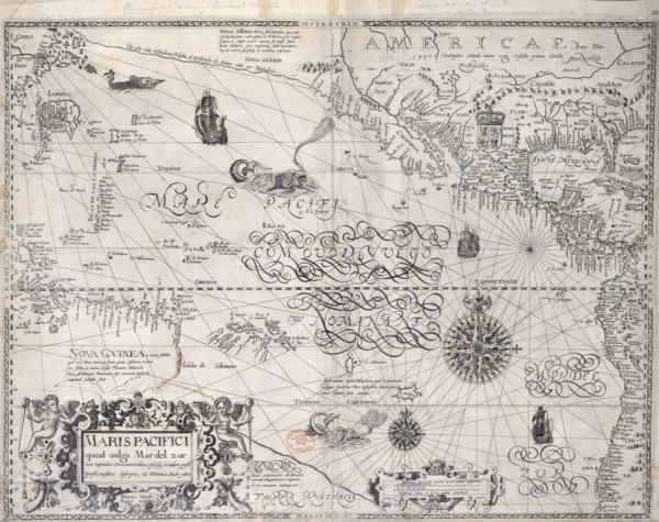 Map of the Pacific Ocean, 1600. Showing the tropics of Cancer and Capricorn; China; Japan; New