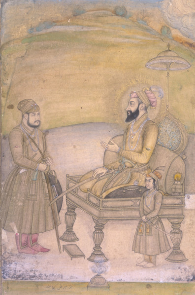 Aurangezeb enthroned, (second half of the seventeenth century?). The bearded Mughal emperor sits on