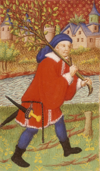 A forester having chopped down a tree, 1423. He carries the tree over his shoulder, a sharp dagger