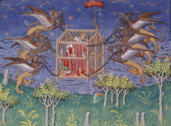 Alexander the Great, in a cage, being carried aloft by griffins, Paris, c1420-1425. Legendary scene