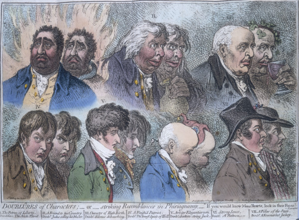 'Doublures of characters; or striking resemblances in phisiognomy', 1798. Seven double portraits of