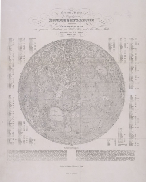 Map of the Moon with tables, 1837.