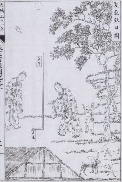 The astronomer Xi Shu determining the summer solstice. The animals represent the signs of the