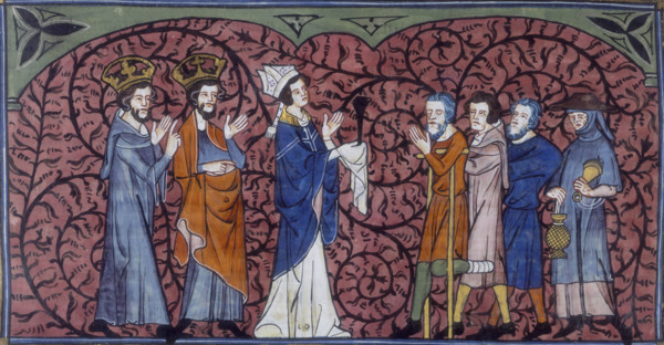 A Bishop and clergy greeting beggars and pilgrims, c1325-c1350. The first beggar is on crutches,