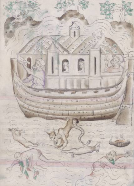 Noah's ark, c1300-c1325. Noah on the left hand side of the ark is releasing the birds to find out