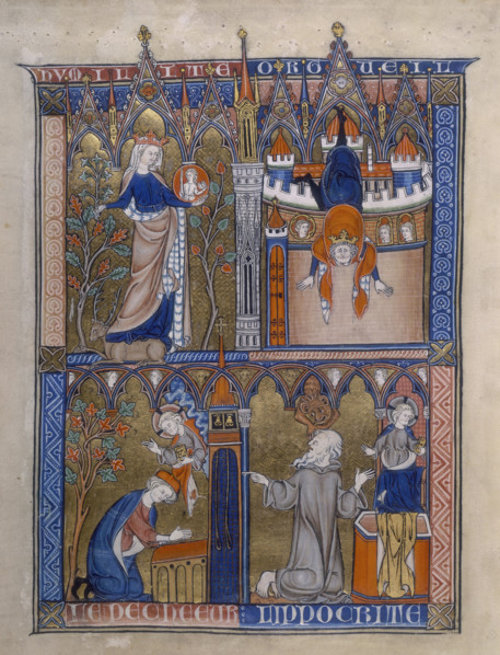 Four scenes from "La Somme le Roy", c1290-c1299. In the top left a crowned woman stands in a garden