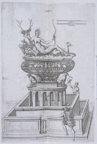 The Fountain of Diana at Anet, 1607. The goddess of hunting reclines, her arm round a stag. On her