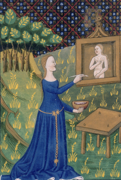 Thamar (Timarete) painting her picture of Diana, c1400-c1425. She holds a bowl of paint in one hand