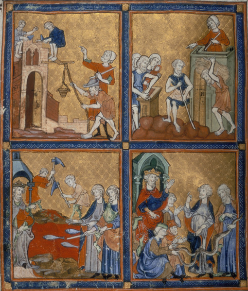 Four scenes from the Old Testament, c1300-c1330. On the top left men are building Pharoah's cities.