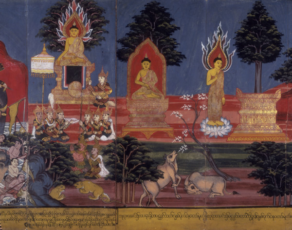 Buddhist deities, 19th century. A group kneeling on the left hold a fan and a shell, a symbol of