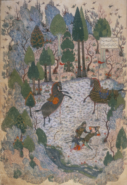 Humay recognising Humayun as she removes her helmet after their fight, 1396.  From a set of nine