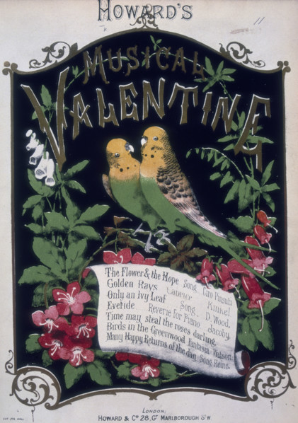'Howard's Musical Valentine', 1876. Sheet music cover with two budgerigars and a list of the songs.