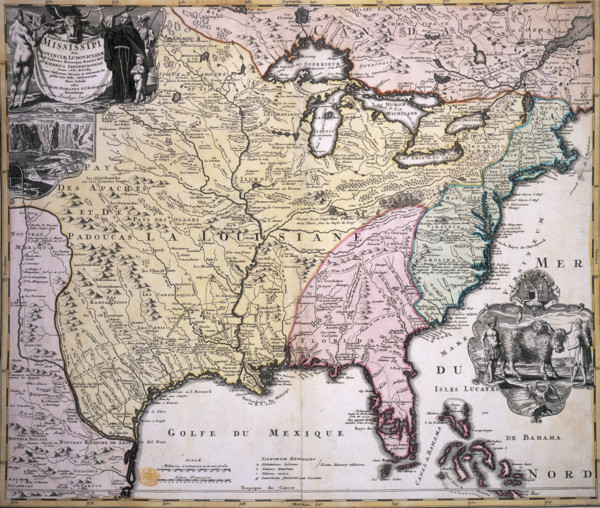 Map of North America, late 17th-early 18th century. Map in French and Latin showing the states of