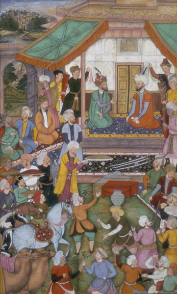 Humayun received by Shah Tahmasp, 1544, (c1603). The Shah of Persia receives Humayun, the Mughal