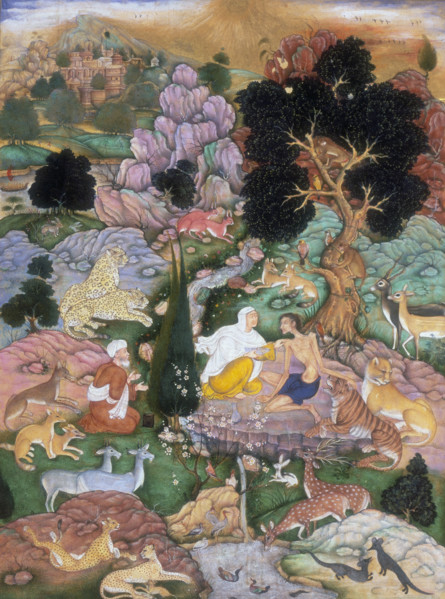 Majnun visited in the desert by his mother and Salim, 1595. Majnun's mother touches him on the