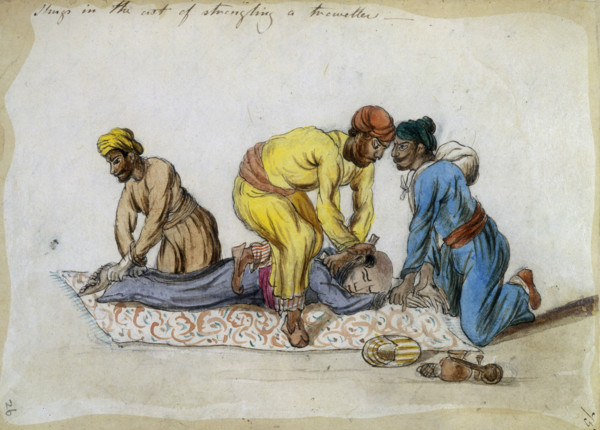 'Thugs in the act of strangling a traveller', 1838. The cult of Thuggee in India was practiced by