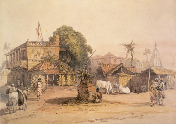 Indian village, c1835. Street scene showing a small 'tulsi' altar, centre, and a water carrier with