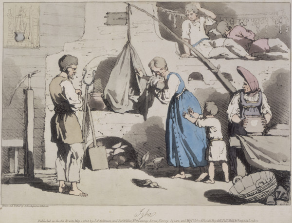 'Izba'; a Russian family, 1812. Scene inside a Russian peasant house, or izba; a child holds his