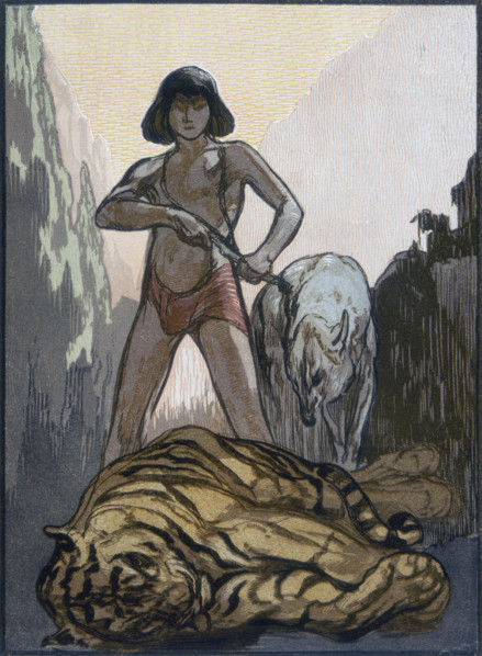 Mowgli kills Shere Khan, the tiger; scene from "The Jungle Book", 1919. From a French translation