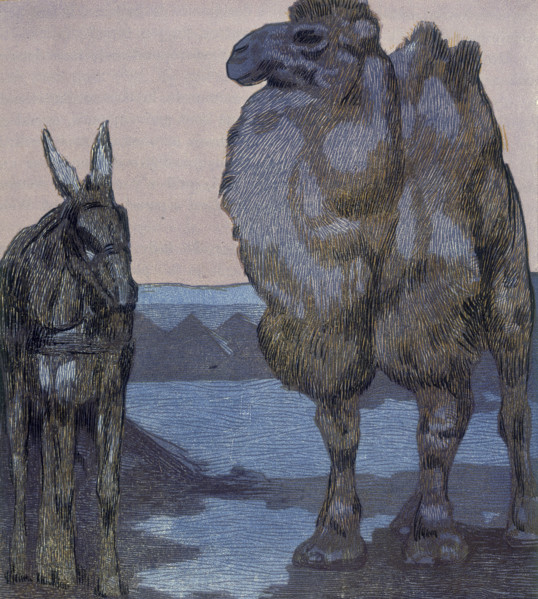 Camel and ass; scene from "The Jungle Book", 1919. From a French translation of "The Jungle Book"