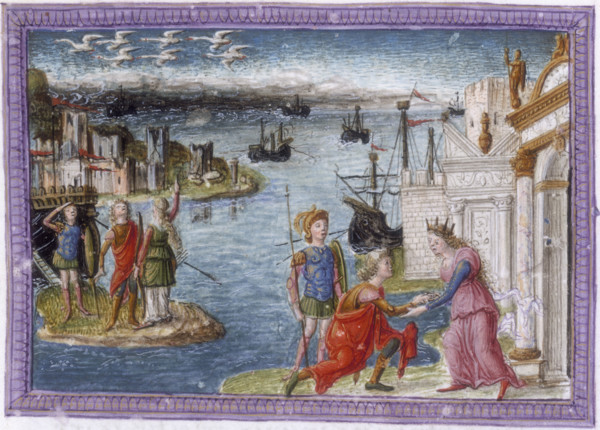 Aeneas welcomed at Carthage by Dido, c1497-c1499. Aeneas kneels before Queen Dido at the gates to