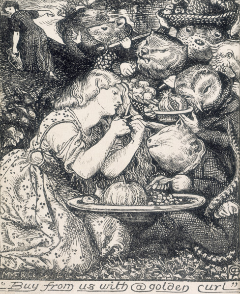 'Buy from us with a golden curl', 1862. A woman cuts a curl of her golden hair with a pair of