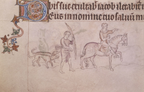 A noble and serf hunting, c1300-c1325. A noble on horseback leads the way with his serf following