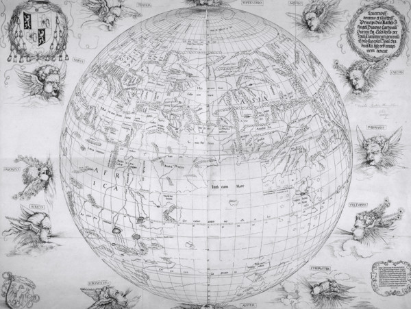 A map of the world, 1515. Depicting Europe, Asia and Africa. Rivers and mountain ranges have been