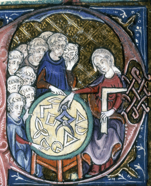 A woman teaching geometry, 1350. On the table are various geometrical shapes or instruments. The