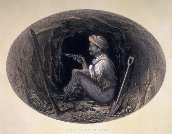'Lying in Wait', 1858. A man armed with a pistol, sitting on the ground in what appears to be a