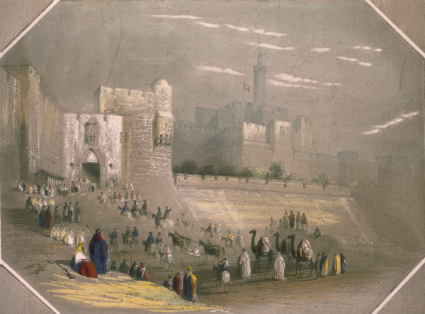 People outside the city walls, Mount Zion, Jerusalem, 1844. To the right is the Anglican Cathedral