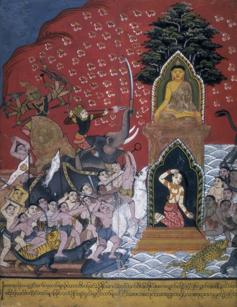 Scene from the life of the Buddha, 19th century. Siddhattha, seated in a cross-legged posture,