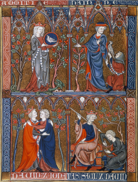 Friendship and Hatred; Jonathan, David and Saul, c1290-c1300. 'Amitié'. At top left a crowned