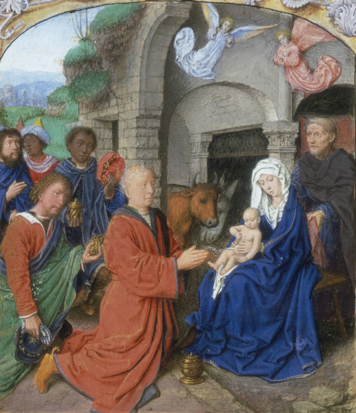 Adoration of the Kings, c1475-c1500. The baby Jesus sits on the knee of the Virgin Mary, with