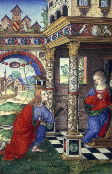 The Annunciation, 1500. The angel Gabriel holding a lily appears to the Virgin Mary, telling her