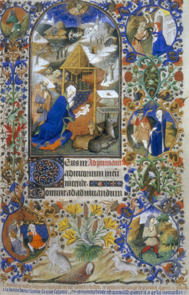 The Nativity, 1423. Mary and Joseph kneel before the baby Jesus, with the shepherds beyond. In the