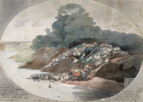 Suttee, India, 1792. A crowd has gathered for a funeral and suttee. The body of the deceased man is
