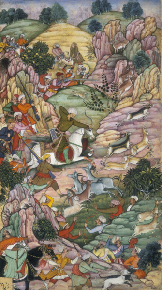 Babur hunting deer between 'Ali Shang and Alangar near Kabul, Afghanistan, 1520. Babur, riding a