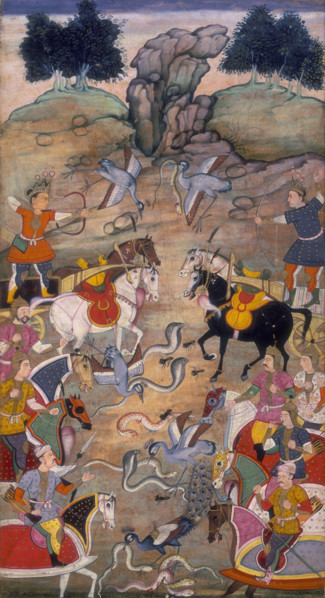 A battle between Babhruvahana, son of Arjuna, and the snakes in the nether regions, 1598. In